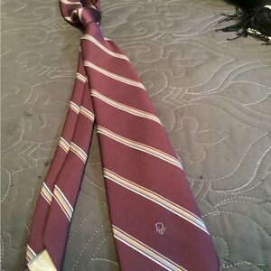 Vintage Christian Dior burgandy striped tie, silk 5%, Polyester 95%,